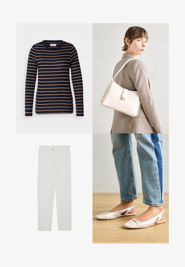 Lindex KATARINA - Longsleeve - dark navy; Witte, op maat gemaakte broek met een rechte pijpdesign, featuring een knoopsluiting, riemlussen en zijzakken; gladde stoftextuur.; Zachtroze slingback ballerina's met een spitse neus, gemaakt van een glad leerachtig materiaal. Bevat uitsnijdingen aan de zijkanten en heeft een platte hak.; Witte leren handtas met een gestructureerd ontwerp, voorzien van een magneetsluiting en een schouderriem, tentoongesteld tegen een neutrale achtergrond.
