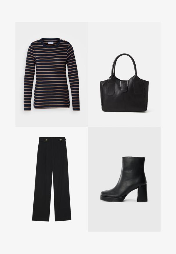 Lindex KATARINA - Top s dlhým rukávom - dark navy; Čierne široké nohavice s vysokým pásom, so zapínaním na gombíky na páse a prednými sklady.; Čierne kožené členkové topánky s blokovým podpätkom a platformovou podrážkou, zobrazené z boku na bielom pozadí.; Čierna kožená taška s hladkou textúrou, štruktúrovaným tvarom, dvoma uchami a výrazným strieborným prackovým detailom na prednej strane.