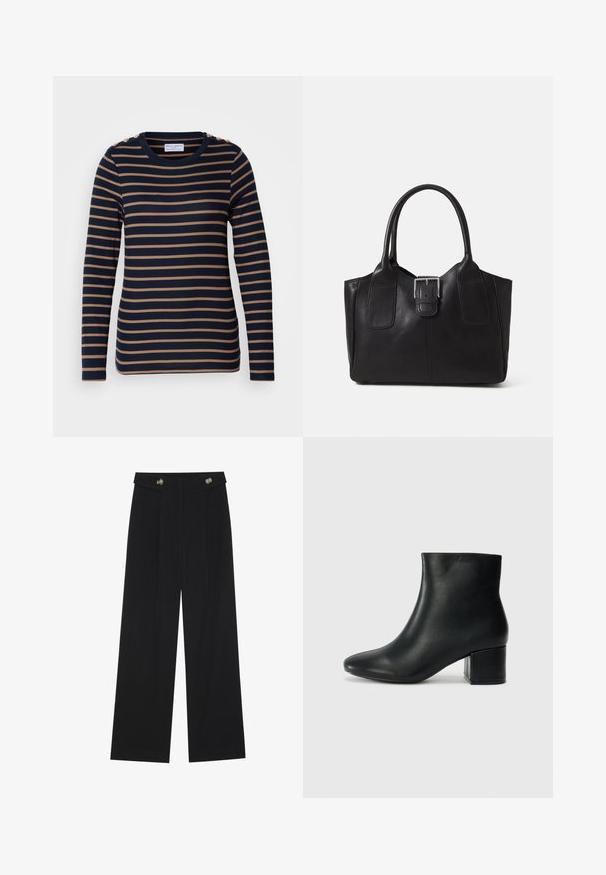 Lindex KATARINA - Ilgarankovis viršutinės dalies drabužis - dark navy; Juodi plačios kojos kelnės su aukštu liemeniu, sagų detalėmis ant liemens ir priekinėmis raukšlėmis.; Juodos odinės aulinės botai su smailiu priekiniu pirštu ir storu kulnu. Lygus tekstūra su minimaliomis detalėmis ir elegantišku, tvirtai priglundančiu dizainu.; Juodas odinis nešiojamas krepšys su lygiu paviršiumi, struktūrine forma, dviem rankenėlėmis ir ryškiu sidabriniu sagties akcentu priekyje.