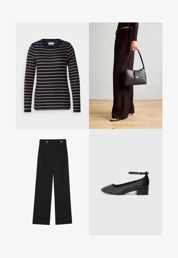 Lindex KATARINA - Tops ar garām piedurknēm - dark navy; Melnas platās bikses ar augstu jostasvietu, pogu detaļām uz jostas un priekšējām krokām.; Melnas ādas sūkņi ar smailu purngalu un zemu bloku papēdi. Iezīmēts ar potītes siksniņu ar zelta krāsas sprādzi. Gluda tekstūra.; Melnā somiņa ar strukturētu formu, gludu tekstūru un metālu sprādzi. Saskaņota ar platām melnām biksēm un sandālēm ar atvērtu purngalu uz koka grīdas.