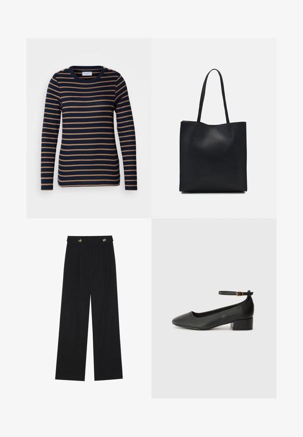 Lindex KATARINA - Langarmshirt - dark navy; Schwarze weite Hosen mit hoher Taille, Knopfdetails am Bund und vorderen Falten.; Schwarze Lederpumps mit spitzem Zehenbereich und niedrigem Blockabsatz. Mit einem Knöchelriemen und einer goldfarbenen Schnalle. Glatte Textur.; Schwarze Laptoptasche aus Leder mit glatter Textur, rechteckiger Form und zwei langen Griffen. Keine sichtbaren Beschläge oder Verzierungen.