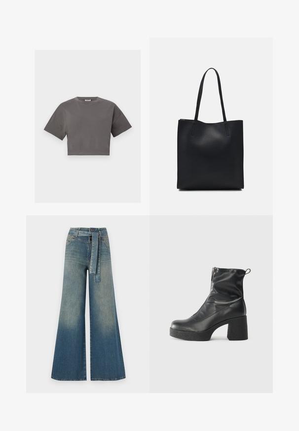 T-shirt cinza cropped feito de algodão, com mangas curtas, decote redondo e um design simples, liso, sem padrões.; Calças de ganga de perna larga com um gradiente de azul claro a escuro, cintura alta, passantes para cinto e um cinto de tecido a condizer. Acabamento em ganga texturizada.; Botas de tornozelo pretas feitas de couro liso, com fecho lateral, salto grosso texturizado e design de bico arredondado.; Bolsa tote preta em couro com textura lisa, forma retangular e duas alças longas. Sem hardware ou enfeites visíveis.