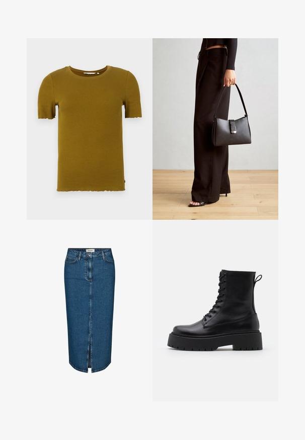 Mustard yellow ribbed short-sleeve t-shirt with a round neck and scalloped hem. Soft texture and fitted design. No visible hardware or patterns.; Denim pencil skirt in dark blue, featuring a front slit, five pockets, and contrasting stitching. Mid-rise waist with a classic design.; Black leather ankle boots with a round toe, lace-up front, and a thick rubber sole featuring a textured tread. Pull tab at the back.; Black handbag with structured shape, smooth texture, and a metallic clasp. Paired with wide black pants and open-toe sandals on wooden floor.