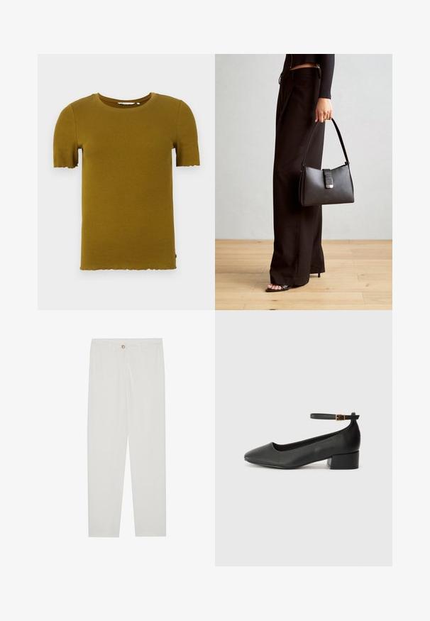 Mustard yellow ribbed short-sleeve t-shirt with a round neck and scalloped hem. Soft texture and fitted design. No visible hardware or patterns.; White, tailored trousers with a straight leg design, featuring a button closure, belt loops, and side pockets; smooth fabric texture.; Black leather pump with a pointed toe and a low block heel. Features an ankle strap with a gold-tone buckle. Smooth texture.; Black handbag with structured shape, smooth texture, and a metallic clasp. Paired with wide black pants and open-toe sandals on wooden floor.