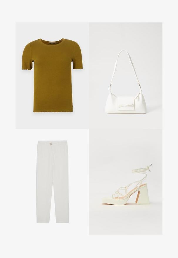 Mustár sárga bordázott rövid ujjú póló, kerek nyakkivágással és hullámos szegéllyel. Puha tapintású és testhez simuló kialakítás. Nincs látható hardver vagy minta.; Fehér, testreszabott nadrág egyenes szárú szabással, gombos záródással, övcsatolókkal és oldalsó zsebekkel; sima textúrájú anyag.; Fehér, magassarkú szandál vastag sarokkal, pántos dizájnnal és bokapánttal. Sima textúra, elülső platformmal a megnövelt magasság érdekében.; Fehér szintetikus kézitáska, háromszög alakú, lapos előlap, masni részlettel, állítható pánttal, sima textúrával és minimalista dizájnnal.