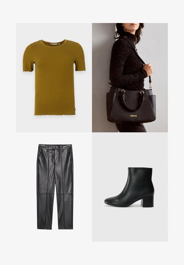 Musztardowa żółta koszulka z krótkim rękawem i okrągłym dekoltem, z falbaniastym dołem. Miękka tekstura i dopasowany krój. Brak widocznych elementów metalowych oraz wzorów.; Czarne skórzane spodnie o gładkiej fakturze, z prostym krojem, dwoma przednimi kieszeniami i widocznymi szwami.; Czarne skórzane botki za kostkę z ostrym noskiem i masywnym obcasem. Gładka tekstura z minimalnymi akcentami i elegancki, dopasowany fason.; Czarna torebka z teksturowanej powierzchni, podwójnymi uchwytami na górze i regulowanym paskiem na ramię. Posiada złote okucia i boczne kieszenie.