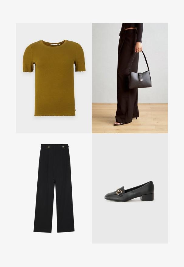 Gelinės geltonos spalvos trumpomis rankovėmis marškinėliai su apvalia iškirpte ir garbanotu kraštu. Minkšta tekstūra ir prigludęs dizainas. Nėra matomų detalių ar raštų.; Juodi plačios kojos kelnės su aukštu liemeniu, sagų detalėmis ant liemens ir priekinėmis raukšlėmis.; Juodi odiniai loaferiai su plokščiu kulnu, su dekoratyvia auksine detalės priekyje ir glotnia tekstūra.; Juodas rankinė struktūrizuota forma, lygi tekstūra ir metalinis užsegimas. Suporuota su plačiomis juodomis kelnėmis ir atvirais bateliais ant medinių grindų.