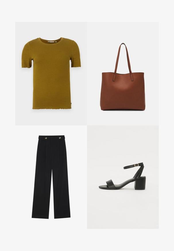 Sinine kollane sooniline lühikeste varrukatega T-särk, millel on ümber kaela lõige ja laineline ääre. Pehme tekstuur ja taljeefektiga disain. Nähtavaid metallosi või mustreid pole.; Mustad laiad püksid kõrge vöökoha ja nööpdetailidega vööandil, esikortsudega.; Mustad mustakäpp featuring a sileda nahast ülemine osa, avatud varvas, laiad esistrapid ja reguleeritav pahkluu rihm kuldse pandlaga.; Pruun nahast tote-kott, millel on sile tekstuur, avatud ülaosa disain ja kaks õlarihma. Omab minimaalset õmblust ja nähtavat riistvara ei ole.