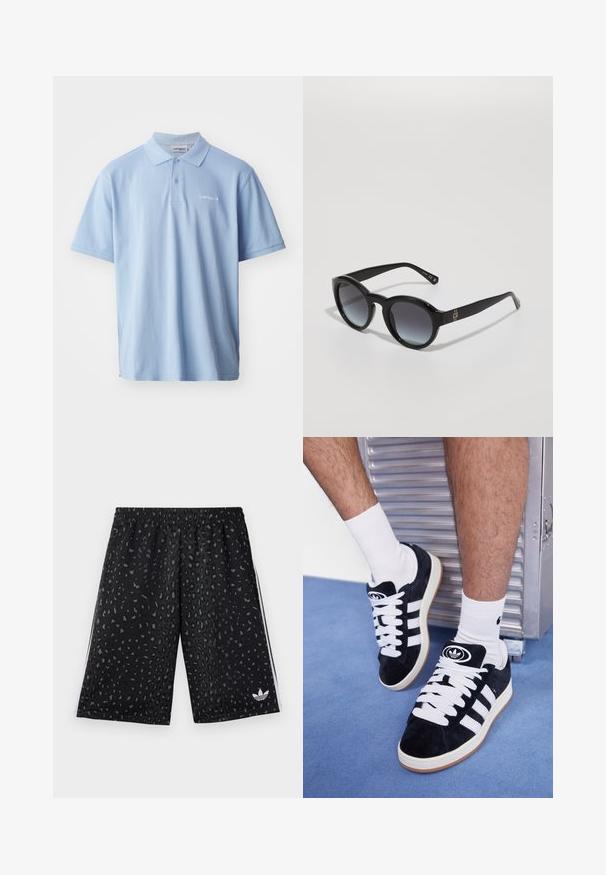 Hellblaues Baumwoll-Polohemd mit kurzen Ärmeln, Drei-Knopf-Leiste und gesticktem Logo auf der linken Brust. Glatte Textur.; Schwarze Sportshorts mit einem Leopardenmuster in Dunkelgrau. Mit elastischem Bund und weißen seitlichen Streifen mit einem Logo.; Schwarze Wildledersneaker mit weißen Schnürsenkeln und drei weißen Streifen. Verfügt über ein kreisförmiges schwarzes Logo auf der Zunge und eine Gummisohle.; Schwarze Sonnenbrille mit runder Fassung, Verlaufsgläsern und glänzender Oberfläche. Verfügt über dezente Logoschmuckelemente an den Bügeln.