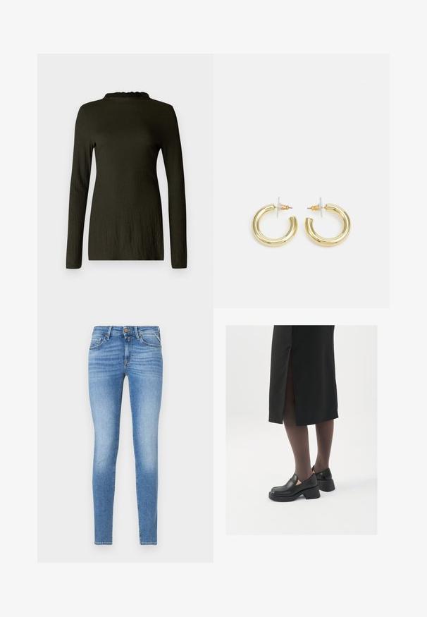 Long-sleeve top in dark green with a textured fabric, featuring a scalloped neckline and a relaxed fit. No patterns or accents visible.; Navy corduroy shirt with a button-up front, collar, and three-quarter sleeves. Features a peplum-style gathered hem and soft texture.; Slim-fit light blue denim jeans with mid-rise waist, front button, and five-pocket design.; Black leather shoes with a rounded toe, thick block heel, and elastic side accents, paired with dark tights and a black skirt with a slit.; Gold hoop earrings with a smooth, shiny finish. Circular design featuring a small post and clear backing for secure wear.