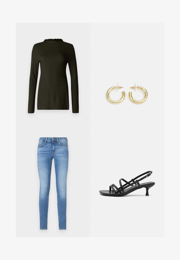 Sötétzöld, hosszú ujjú felső, texturált anyagból, fodros nyakrésszel és laza fazonnal. Nincs látható minta vagy kiegészítő.; Vékony fit világoskék farmernadrág, közepes derekú, elöl gombbal, öt zsebes kialakítással.; Fekete magassarkú szandálok több keresztben átkötött pánttal. Simább anyag, hegyes orr és keskeny sarok. Állítható bokapánt kapcsos rögzítéssel.; Arany fülbevalók sima, fényes felülettel. Kör alakú dizájn, amely kis kapoccsal és átlátszó tartozékkal rendelkezik a biztonságos viselés érdekében.