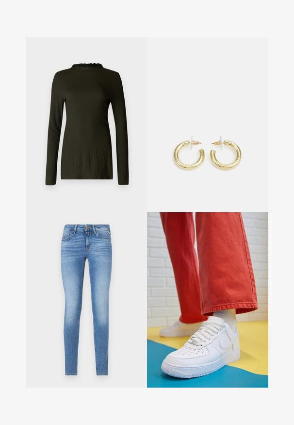 Dolga majica z dolgimi rokavi v temno zeleni barvi z teksturirano tkanino, ki ima obrobljen dekolte in sproščen kroj. Brez vidnih vzorcev ali dodatkov.; Tanjši modri jeans z višjim pasom, sprednjim gumbom in petimi žepi.; Beli usnjeni športni čevlji s perforiranim prstnim delom, teksturiranim podplatom in belimi vezalkami, v kombinaciji s širokimi rdečimi hlačami in modro-rumeno ozadje.; Zlate uhane v obliki obročkov z gladko, sijočo površino. Krožna zasnova s majhnim nosilcem in prozornim podplatom za varno nošenje.