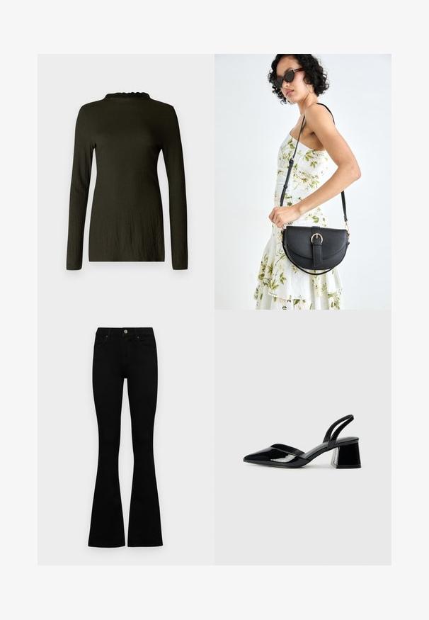 Bluză cu mânecă lungă, de culoare verde închis, dintr-un material texturat, având un decolteu cu margini ondulate și o croială lejeră. Fără modele sau accente vizibile.; Jeans negri cu talie înaltă, cu închidere prin nasture și fermoar, buzunare frontale și picioare evazate, așezați pe un fundal alb.; Pantofi cu toc slingback din piele lacuită neagră, cu vârf ascuțit și toc geometric. Prezintă un design elegant, minimalist și o textură netedă.; Geantă din piele neagră, cu o formă curbată, curea detașabilă și accesorii aurii. Geanta are un capac cu un detaliu tip cataramă.