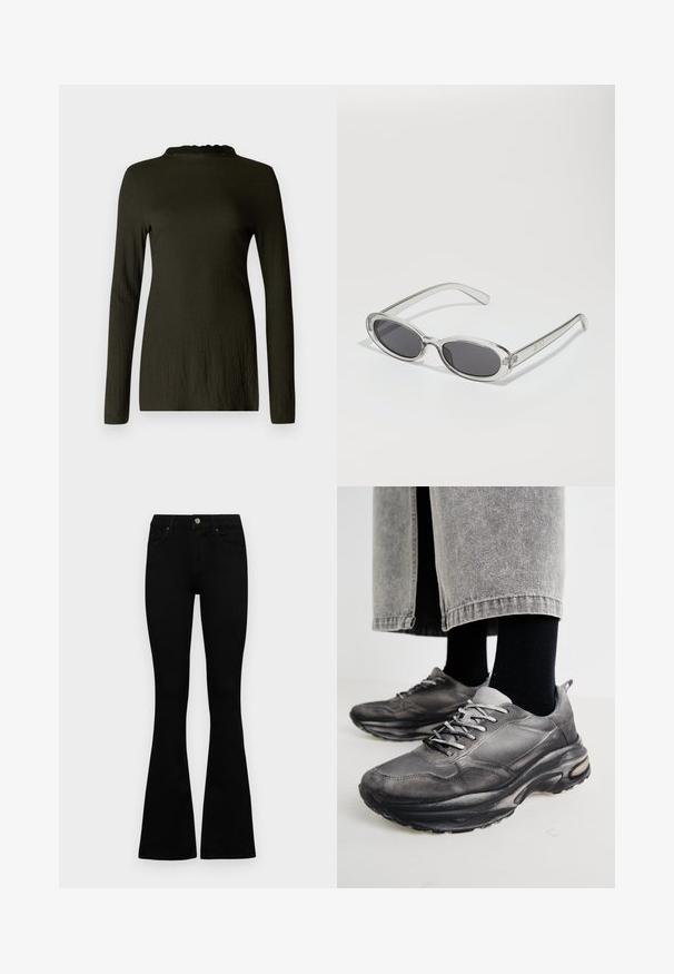 Langsleeve top in donkergroen met een textuurstof, voorzien van een scalloped halslijn en een relaxte pasvorm. Geen patronen of accenten zichtbaar.; Zwarte hoge taille jeans met een knoop- en ritssluiting, voorzakken en een flared pijp, plat gelegd op een witte achtergrond.; Zwarte en grijze sport schoenen hebben een mesh bovenkant, dikke zolen en veters. Ze hebben een ronde neus en zichtbare dempingsdetails.; Zonnebril met een ovale vorm, helder plastic montuur, donkergrijze glazen en dunne transparante pootjes met logo-accenten en minimale details.
