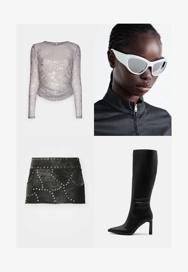 Dug železnica s dugim rukavima izrađena od sjajnog srebrno-sivog materijala s naboranim dizajnom i okruglim izrezom. Karakterizira je sjajni završni sloj s suptilnom teksturom.; Crna kožna korseta bez naramenica s teksturiranim panelima, srebrnim zakovicama, asimetričnim oblikom i vidljivim patentnim zatvaračem sa strane.; Crna kožna suknja s dekorativnim srebrnim zakovicama i zakrivljenim šavovima. Ima uski struk i rub koji se nalazi iznad sredine bedra.; Even&Odd Čizme - black; Bijele sunčane naočale s hrabrim, prevelikim dizajnom i zrcalnim lećama, s glatkim plastičnim okvirom i naglašenim zakrivljenjima.