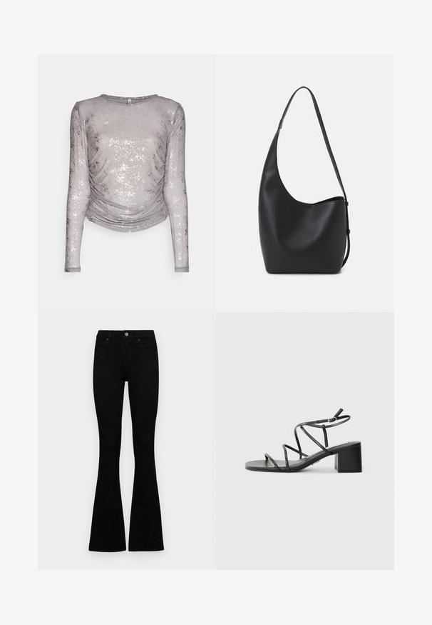 Ilga rankovė viršus pagamintas iš blizgaus sidabriškai pilko audinio su raukšlėtu dizainu ir apvaliu kaklo iškirpimu. Yra blizgus paviršius su subtilia tekstūra.; Juodos aukšto liemens džinsai su mygtuku ir užtrauktuku, priekinėmis kišenėmis ir platėjančiomis kojomis, išdėstyti ant baltos fono.; Juodos diržinės šlepetės su kvadratine nosimi ir masyviu kulnu, pagamintos iš lygios medžiagos. Yra reguliuojamos kulkšnies juostos ir minimalus aparatūra.; Juodas odinis hobo maišas su lygiu paviršiumi, kreipta forma ir viena reguliuojama rankena; turi platų atidarymą viršuje.