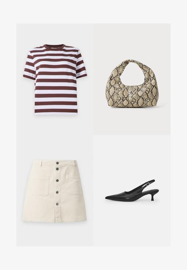 Majica s kratkimi rokavi v burdnjskem in belem vodoravnem vzorcu, okroglo izrezom in sproščenim krojem. Narejena iz mehkega bombažnega materiala.; Bež mini krilo iz korduroja z zapiranjem na gumb spredaj, dvema velikima žepekoma in zankami za pas na pasu.; Črne usnjene sandale z odprtim peto in konično oblikovanim prstom ter ozkim, ukrivljenim petnim delom. Imajo diskretno nastavljivo zaponko z kovinsko sponko.; Torba z vzorom kače s ukrivljenim ročajem. Narejena iz teksturiranih, bež in rjavih materialov, ki imajo značilen diamante vzorec.