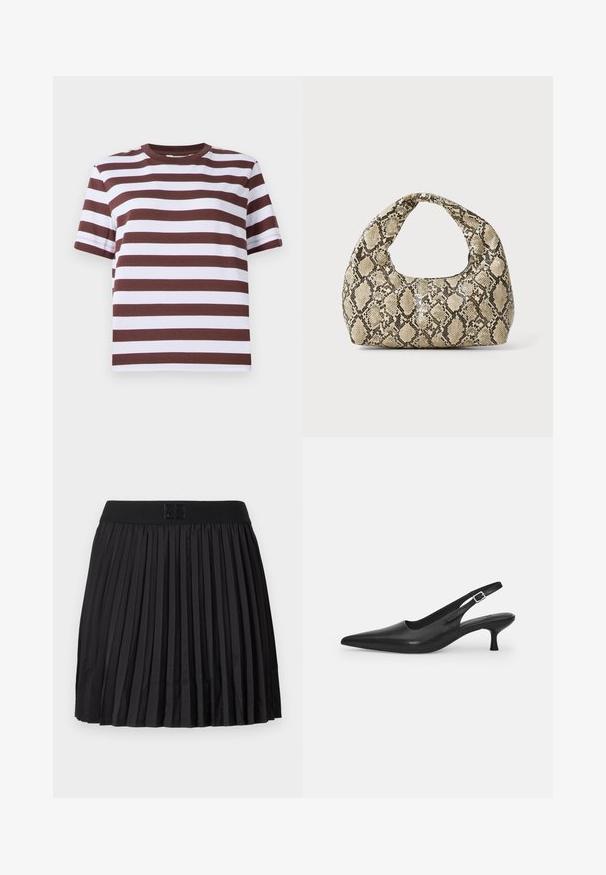 Short-sleeve t-shirt with burgundy and white horizontal stripes, round neckline, and a relaxed fit. Made of soft cotton material.; Black pleated skirt with a smooth texture, featuring a solid black waistband and an embossed logo detail at the front.; Black leather slingback shoe with a pointed toe and a slim, curved heel. Features a discrete adjustable strap with a metal buckle.; Snake-print handbag with a curved handle. Made from textured, beige and brown materials, featuring a distinctive diamond pattern.