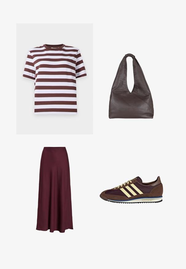 Trumpas rankovėmis marškinėliai su burgundiškomis ir baltomis horizontaliomis juostelėmis, apvaliu iškirpimu ir laisvu siluetu. Pagaminti iš minkštos medvilnės medžiagos.; Bordo satino sijonas iki žemės su glotnia tekstūra, aukštu liemeniu ir laisva siluetu, kuris švelniai plečiasi link apatinio krašto.; Rudi ir burgundiški sportbačiai, pagaminti iš suedės ir tinklinės medžiagos, su trimis grietinėlės spalvos juostelėmis, tekstūruota medžiaga ant liežuvėlio ir guminis padas.; Rudas odinė rankinė su krentančiu, dideliu dizainu. Pasirinkta kilpos rankena ir gili V-formos ertmė patogiam prieigai. Minkštas audinys, minimalistinis stilius.