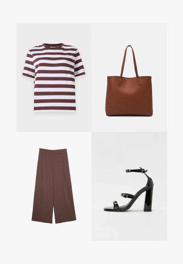 Kortærmet t-shirt med bordeaux og hvide vandrette striber, rund halsudskæring og en afslappet pasform. Fremstillet af blødt bomuldsstof.; Brune bredbunde bukser med en glat tekstur, der har høj talje og plisseringer foran. Stoffet er let og falder løst.; Sorte patenterede hælsandaler med firkantet tå, ankelremme og sølvspænder. Har en chunky blokHæl for stabilitet.; Brun læder tote taske med en glat overflade, åben topdesign og to skulderremme. Har minimal syning og ingen synlig hardware.
