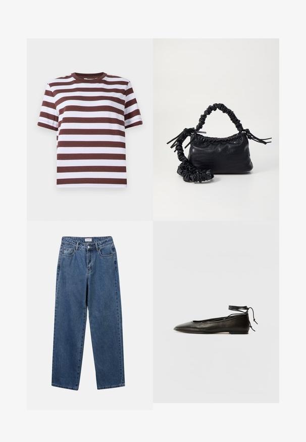 Majica s kratkim rukavima u boji burgundac i bijelim horizontalnim prugama, okrugli izrez i ležeran kroj. Izrađena od mekog pamučnog materijala.; Klasične plave traperice s ravnim nogavicama, pet džepova i dugmadom za zatvaranje. Imaju srednje pranje i čvrstu teksturu.; Crne kožne baletanke s oštrim prstom, vezanjem oko članaka i ravnim potplatom, s glatkom teksturom i minimalističkim dizajnom.; Crna torba od umjetne kože s teksturom krokodila, s cinčanim vrhom i naboranom trakom. Izgleda mekano i kompaktno u dizajnu.