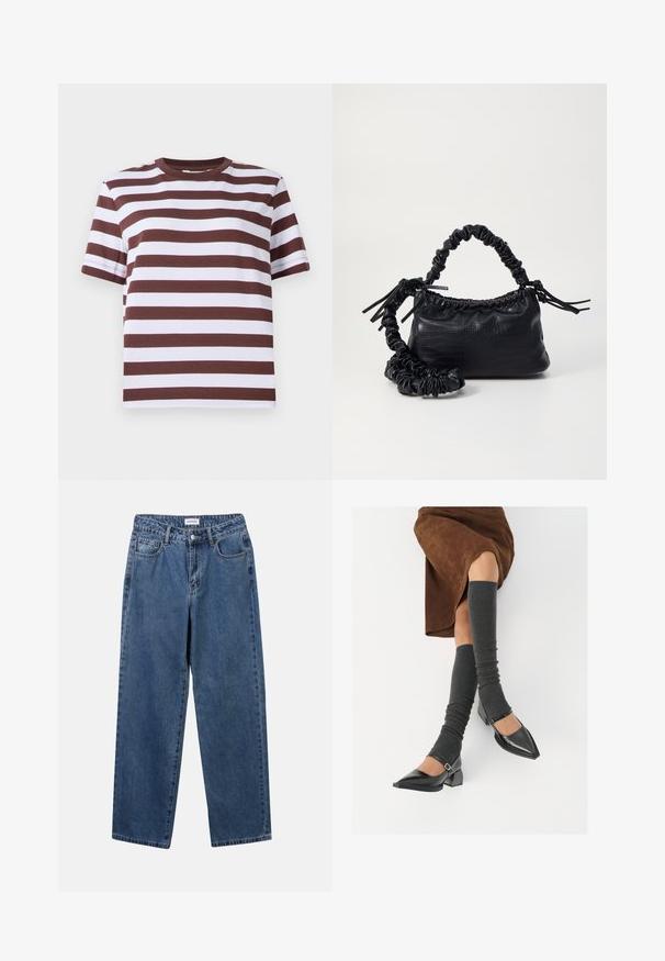 Kortärmad t-shirt med vinröda och vita horisontella ränder, rund halsringning och en avslappnad passform. Tillverkad av mjukt bomullsmaterial.; Klassiska blå denimjeans med rak benform, fem fickor och knäppning. Har en medelblå tvättning och stadig textur.; Svarta lackläderskor med spetsig tå, blockklack och ankelrem, i kombination med grå ribbade benvärmare och en brun mockakjol.; Svart faux läderhandväska med krokodiltextur, snodd topp och en skrämd rem. Ser mjuk och kompakt ut i designen.