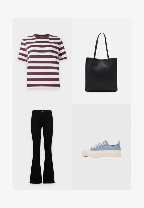 Tricou cu mânecă scurtă, cu dungi orizontale bordeaux și albe, guler rotund și croială lejeră. Fabricat dintr-un material de bumbac moale.; Jeans negri cu talie înaltă, cu închidere prin nasture și fermoar, buzunare frontale și picioare evazate, așezați pe un fundal alb.; Sneakers din pânză de culoare albastru deschis, cu vârf și talon din cauciuc crem, având șireturi albe și un maner pe călcâi.; Geantă tote neagră din piele, cu textură netedă, formă rectangulară și două mânere lungi. Fără hardware vizibil sau ornamente.