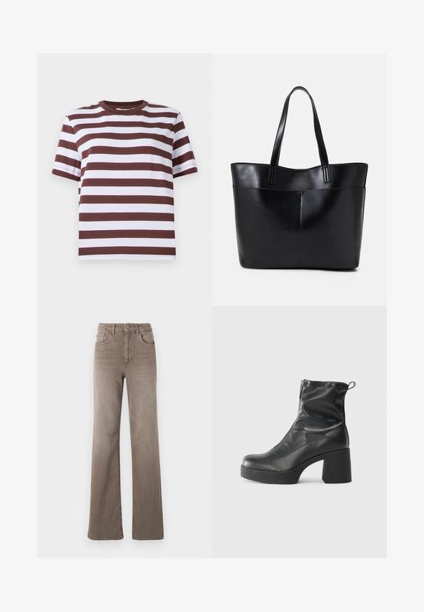 Trumpas rankovėmis marškinėliai su burgundiškomis ir baltomis horizontaliomis juostelėmis, apvaliu iškirpimu ir laisvu siluetu. Pagaminti iš minkštos medvilnės medžiagos.; Rudos aukšto liemens tiesios kojos džinsai su priekyje esančiu mygtuku, dirželio kilpomis ir klasikiniu penkių kišenių dizainu baltoje fone.; Juodos kulkšninių botai, pagaminti iš lygaus odos, su šoniniu užtrauktuku, masyviu tekstūruotu kulnu ir apvaliu pirštu.; Juoda odinė rankinė su dviem ilgais diržais, lygiu paviršiumi ir struktūrizuota forma. Yra priekinė kišenė papildomam saugojimui.