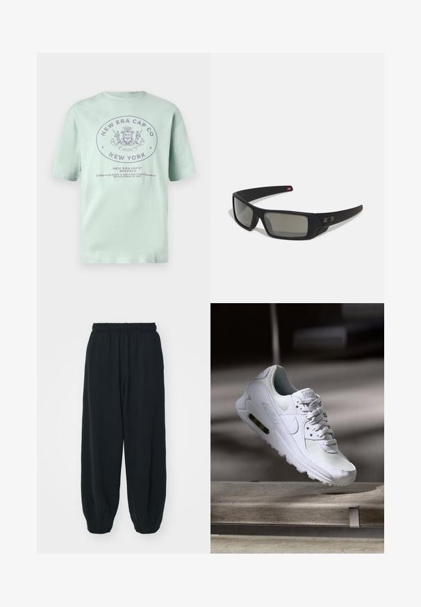 Myntegrønn bomull t-skjorte med korte ermer. Har en sirkulær logo med mørkere lilla tekst som detaljerer "New Era Cap Co" og "New York."; Sorte, joggebukser med elastisk liv, løs passform, mansjetter på ankler, glatt tekstur og uten synlige mønstre eller hardware-detaljer.; Hvit Nike Air Max 90 sneakers med øvre del laget av mesh og skinn, perforert tåboks og en synlig luftenhet i hælen.; Sorte solbriller med mat finish, rektangulære linser, lett kurv på brillestengene, diskret logo detaljer, og røyktinted linser.
