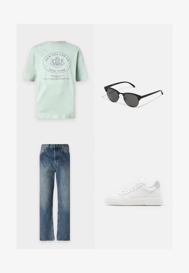 Myntegrønn bomull t-skjorte med korte ermer. Har en sirkulær logo med mørkere lilla tekst som detaljerer "New Era Cap Co" og "New York."; Blå denimjeans med rette ben, med en falmet vask, belte stropper, frontlommer og en enkelt baklomme.; Hvite skinnsko med en glat overflate, rund tå, flate lisser og teksturert såle. Grå semsket innfelt ved hælen.; Sorte solbriller med runde linser, matt finish og karakteristisk katteøyeform. Slanke armer med subtil merking på venstre tempel.