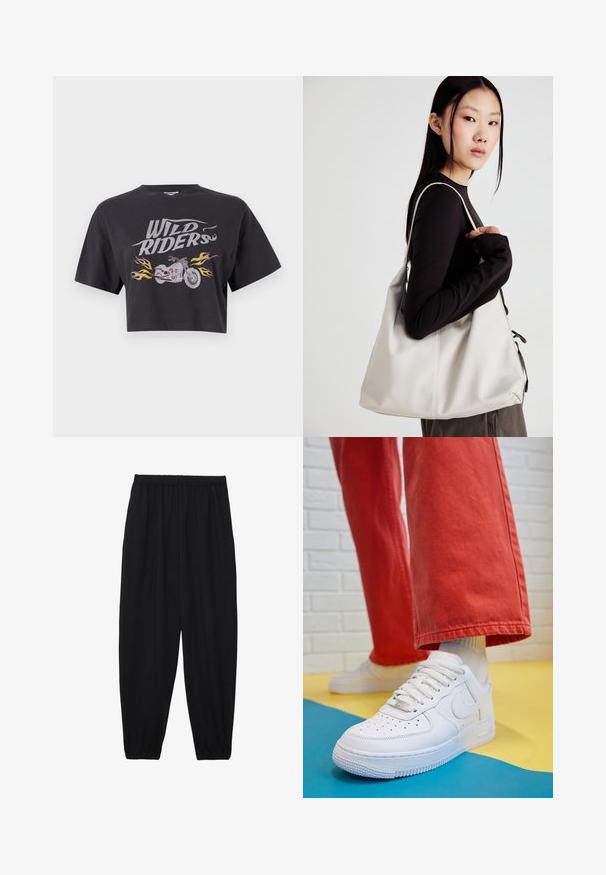 Kuttet svart t-skjorte med teksten "WILD RIDERS" i sølv og et motorsykkelgrafikk med flammeakenter i oransje og gult.; Svarte, lette bukser med elastisk liv og rynkede ankler. Stoffet er glatt og har en avslappet, innsvingt design.; Hvit lær sneakers med perforert tåboks, teksturert såle og hvite snørebånd, paret med vide røde bukser og en blå og gul bakgrunn.; Beige håndveske laget av mykt materiale, med en slapp design, sydd detaljer og to skulderstropper. Passer for daglig bruk.