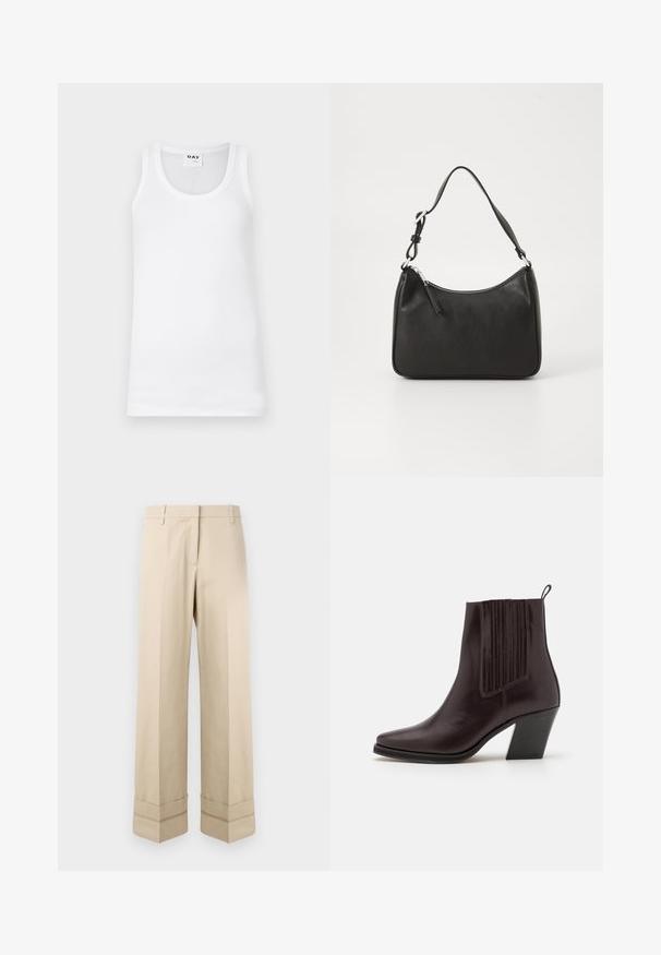 Top alb din bumbac, fără mâneci, cu un decolteu clasic rotund, textură ribbed și găuri de brațe întărite. Eticheta afișează "DAY."; Pantaloni bej cu o croială dreaptă, având un manșon dublu la tiv și un design cu față plată. Fabricat dintr-un material neted și durabil.; Cizmă de gleznă din piele maro închis, cu vârful ascuțit, detalii verticale cu caneluri pe lateral și un toc de înălțime medie, de tip block.; Geantă de mână din piele neagră, cu o formă curbată, curea unică, închidere cu fermoar și un branding subtil pe față. Textură fină, design minimalist.
