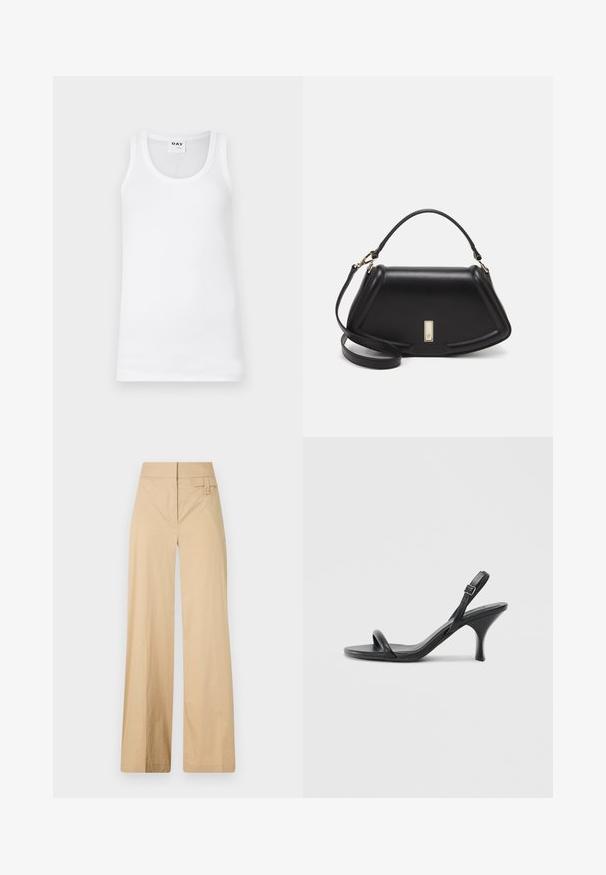 Débardeur en coton blanc avec un col ras du cou classique, texture côtelée et emmanchures renforcées. L'étiquette affiche "DAY."; Pantalons larges beige en coton mélangé. Caractéristiques : texture lisse, taille élastique et détail à bouton sur le côté.; Sandales à talons hauts en cuir noir avec un talon fin et courbé et un design de brides croisées. Bride de cheville réglable. Texture lisse.; Sac à main en cuir noir avec un design structuré, featuring une forme cropped, une poignée supérieure et des accents en matériel doré. Bandoulière réglable incluse.