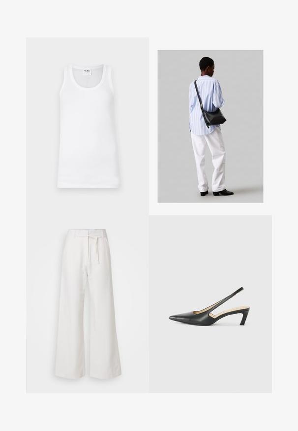 White cotton tank top featuring a classic crew neckline, ribbed texture, and reinforced armholes. Label displays "DAY."; DAY Birger et Mikkelsen TERRI SOLID - Trousers - cloud cream; Black pointy-toed slingback shoe with a low heel, featuring smooth leather material and cut-out design on the side for breathability.; Black leather shoulder bag with a soft texture, triangular shape, and adjustable strap, paired with a light blue striped shirt and white pants.