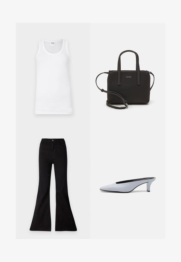 White cotton tank top featuring a classic crew neckline, ribbed texture, and reinforced armholes. Label displays "DAY."; Black flared jeans made of denim, featuring a high waist, front pockets, and a large opening at the hems for a wide-leg silhouette.; Light blue patent leather mule with a pointed toe, low transparent heel, and a sleek design featuring a cut-out at the vamp.; Black handbag with dual short handles and a removable shoulder strap. Smooth leather-like material with a zip closure and logo detail.