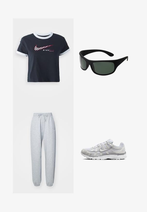 Jūros mėlynos medvilninės trumpomis rankovėmis marškinėliai su šviesiai mėlynu apykakle ir rankovių krašteliais, ant kurių yra raudonas ir checkered Nike logotipas bei tekstas "NIKE AIR".; Šviesiai pilki džinsai, pagaminti iš minkštos medvilnės mišinio, su elastingu juosmeniu ir stringais, siaurėjančiomis kojomis ir apykaklėmis. Minimalus prekės ženklo detalizavimas.; Šviesiai pilki sportiniai batai su tinkline ir sintetine viršutine dalimi, turintys raištelių užsegimą, paminkštintą apykaklę ir tekstūruotą padą geresnei sukibimo kokybei.; Juodos apskrito tipo saulės akinių rėmas su tamsiai žaliais lęšiais. Matinis paviršius, kreivai suformuota konstrukcija, tiesios namos ir subtilus prekės ženklas šone.