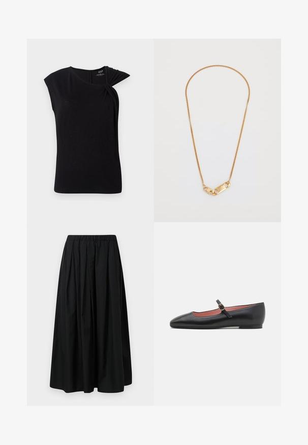 Crna majica kratkih rukava s uvrnutim detaljem na lijevom ramenu, izrađena od mekanog, laganog materijala, s okruglim izrezom.; Crna plisirana suknja od laganog materijala s elastičnim pojasom. Dugačka do poda s glatkom teksturom i minimalističkim dizajnom.; Crne kožne ravne cipele s šiljastim vrhom i remenom oko gležnja koji ima zlatnu kopču. Glatka tekstura s laganim sjajem.; Zlatna ogrlica s lancem s uvijenim dizajnom i pravokutnom kopčom s graviranim detaljima. Glatka tekstura, minimalistički stil.