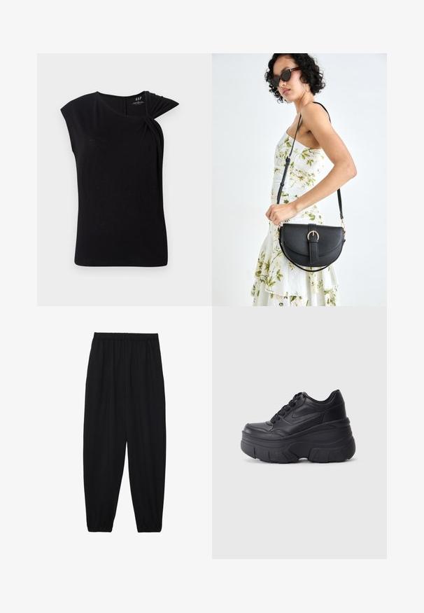 Top negru cu mânecă scurtă, cu un detaliu răsucit la umărul stâng, realizat dintr-un material moale și ușor, având un decolteu rotund.; Pantaloni negri, ușori, cu un brâu elastic și tivuri strânse. Materialul este neted și are un design relaxat, conic.; Adidași negri cu șireturi, cu un toc gros, având partea superioară din piele netedă, vârf rotund și un design distinct de platformă stratificată.; Geantă din piele neagră, cu o formă curbată, curea detașabilă și accesorii aurii. Geanta are un capac cu un detaliu tip cataramă.
