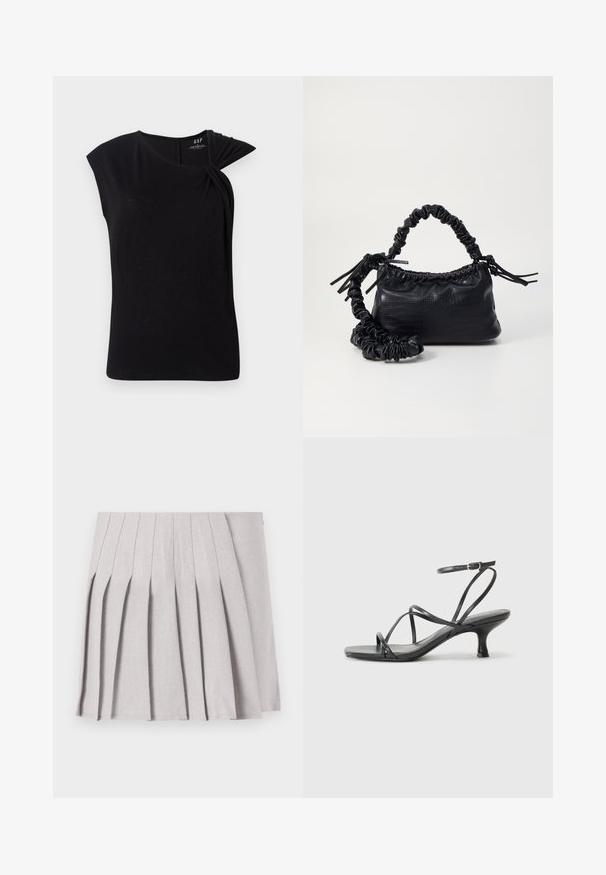 Top preto de mangas curtas com um detalhe torcido no ombro esquerdo, feito de um material suave e leve, com decote redondo.; Saia cinza plissada com uma textura suave, apresentando múltiplos pregas verticais e uma cintura ajustada. Feita de tecido leve.; Sandálias pretas de salto alto com tiras finas, design aberto na ponta e um pequeno salto largo. O material parece suave e brilhante.; Bolsa de mão em couro sintético preto com textura de crocodilo, topo franzido e alça enrugada. Apresenta um design suave e compacto.