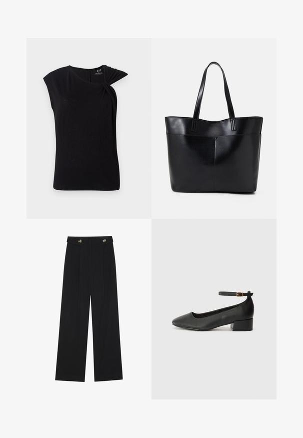 Juodas trumpomis rankovėmis viršus su susuktomis detalėmis kairiajame petyje, pagamintas iš minkštos, lengvos medžiagos, turi apvalų iškirpimą.; Juodi plačios kojos kelnės su aukštu liemeniu, sagų detalėmis ant liemens ir priekinėmis raukšlėmis.; Juodas odinis aukštakulnis batelis su smailiu pirštu ir žemu bloku. Su kulkšnies dirželiu su auksinės spalvos sagtimi. Lygus paviršius.; Juoda odinė rankinė su dviem ilgais diržais, lygiu paviršiumi ir struktūrizuota forma. Yra priekinė kišenė papildomam saugojimui.