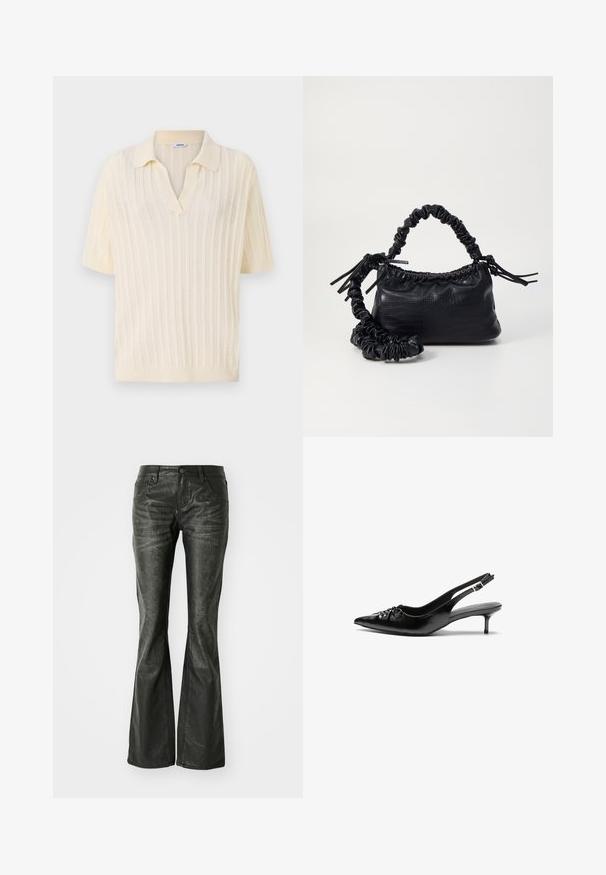 Krēmkrāsas īsu piedurkņu polo krekls ar V-veida kakla izgriezumu, ar ribotu tekstūru, atvērtas adīšanas dizainu un vienkāršu apkakli.; Melnas mākslīgā ādas plandošas bikses ar priekšējiem kabatām, metāla pogu aizdari un nedaudz teksturētu virsmu. Taisnas kājas ar garu griezumu.; Melni ādas sandales ar norādītu pirkstu, mazu kaķa papēdi un dekoratīvu mezglu detaļu priekšā. Gluda tekstūra visā virsmā.; Melnā mākslīgās ādas rokassoma ar krokodila rakstu, savilkta augšdaļa un saburzīta siksna. Izskatās mīksta un kompakta pēc dizaina.