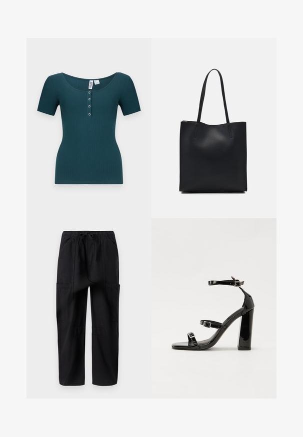 Turkizna žametna majica s kratkimi rokavi in krožnim izrezom ter šestimi gumbi. Ima oprijet kroj in teksturirano tkanino.; Črne bombažne cargo hlače s sproščenim krojem, ki imajo elastični pas in več stranskih žepov za dodatno funkcionalnost.; Črne lakirane sandale s peto, kvadratnim prstom, trakovi okrog gležnja in srebrnimi zaponkami. Opremljene so s stabilno Debelo peto.; Črna usnjena torba s svilnato teksturo, pravokotne oblike in dvema dolgima ročajema. Brez vidnih metalnih delov ali okrasnih elementov.