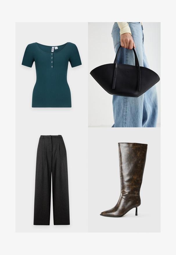 Zöldeskék csíkos, rövid ujjú felső kerek nyakkivágással és hat gombos bordázással. Feszes fazonú és textúrált anyagú.; Sötét szürke kockás mintájú, bő szárú nadrág, magas derékkal, pliszével és formázott fazonnal. Texturált anyagból készült.; Barna, megviselt bőrből készült, térd fölé érő csizma, hegyes orral és vékony stiletto sarokkal, fehér háttérrel.; Fekete bőr kézitáska egyedi legyezőformával, lapos füllel. A felülete kőriszerű textúrájú és minimalista dizájnnal rendelkezik.