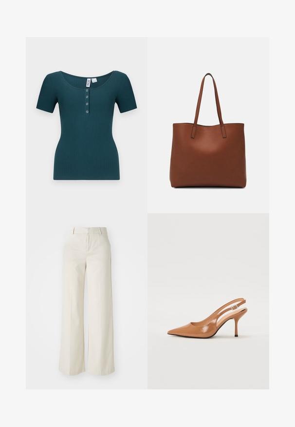 Türkiisi ribaga lühikeste varrukatega topp, millel on ümar kaelus ja kuus-nupuline sulgemine. Omab vormitud siluetti ja tekstureeritud kangast.; Laiad püksid helesbežis värvitoonis, valmistatud siledast kangast. Omavad klassikalist vööd ja siledat fronti puhaste joontega.; Küüntega slingback konts, mis on valmistatud siledast ja läikivast tan värvi materjalist. Omab kaarjat lõigatud disaini ja õhukest stiletto kontsa. Hõbedane pandla detail.; Pruun nahast tote-kott, millel on sile tekstuur, avatud ülaosa disain ja kaks õlarihma. Omab minimaalset õmblust ja nähtavat riistvara ei ole.