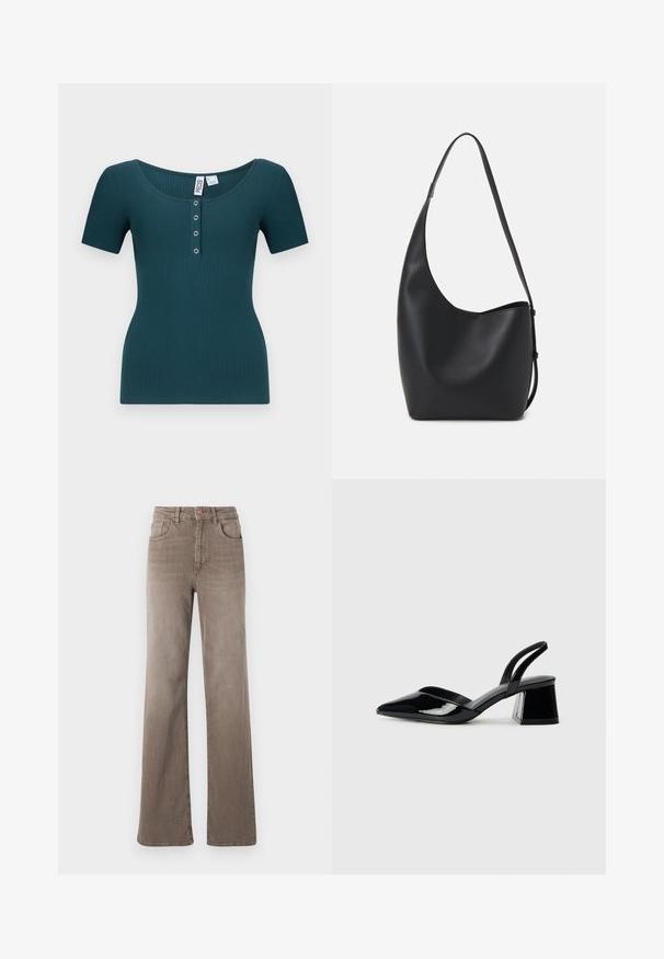 Tealová vroubkovaná krátká rukávová blůza s kulatým výstřihem a plaketou na šest knoflíků. Má přiléhavý střih a texturovanou tkaninu.; Hnědé džínsy s vysokým pasem, rovné nohy, předním knoflíkem, poutky na opasek a klasickým designem pěti kapes na bílém pozadí.; Černé lakované kožené lodičky na pásku s špičatou špičkou a geometrickým blokovým podpatkem. Vyznačují se elegantním, minimalistickým designem a hladkým povrchem.; Černá kožená hobo taška s hladkým povrchem, zakřiveným tvarem a jedním nastavitelným popruhem; má široké otevírání nahoře.