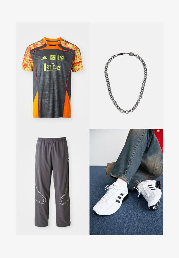 Grijze sportshirt met levendige oranje accenten en gestreepte gele mouwen. Bevat logo's en tekst in felgroen. Lichtgewicht stof.; Heren grijze sportbroeken met een elastische tailleband, ritssloten en reflecterende witte accenten aan de zijkanten. Lichtgewicht, zachte textuur.; Witte mesh sport schoenen met zwarte accenten, voorzien van een textuurontwerp en een onderscheidende zool, gecombineerd met blauwe spijkerbroeken.; Metalen ketting met uitgestrekte schakels in een donkere gunmetalkleur. Bevat een geometrische accent en sluiting met merkdetail.