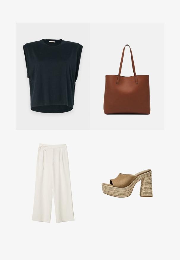 Schwarzes Kurzarmoberteil mit lässiger Passform, rundem Ausschnitt, leicht abgesenkten Schulternähten und abgerundetem Saum. Hergestellt aus weichem Stoff.; Weite Hosen aus elfenbeinfarbenem Stoff mit glatter Textur. Verfügt über einen gebundenen Bund und einen gefalteten Vorderteil, konzipiert für eine entspannte Passform.; Braune Wildleder-Plateau-Sandalen mit offenem Zeh, ausgestattet mit einem chunky geflochtenen Jute-Absatz und einem glatten, abgerundeten Oberdesign.; Braune Leder-Tote mit glatter Textur, offenem Oberteil und zwei Schulterriemen. Verfügt über minimale Nähte und keine sichtbaren Beschläge.