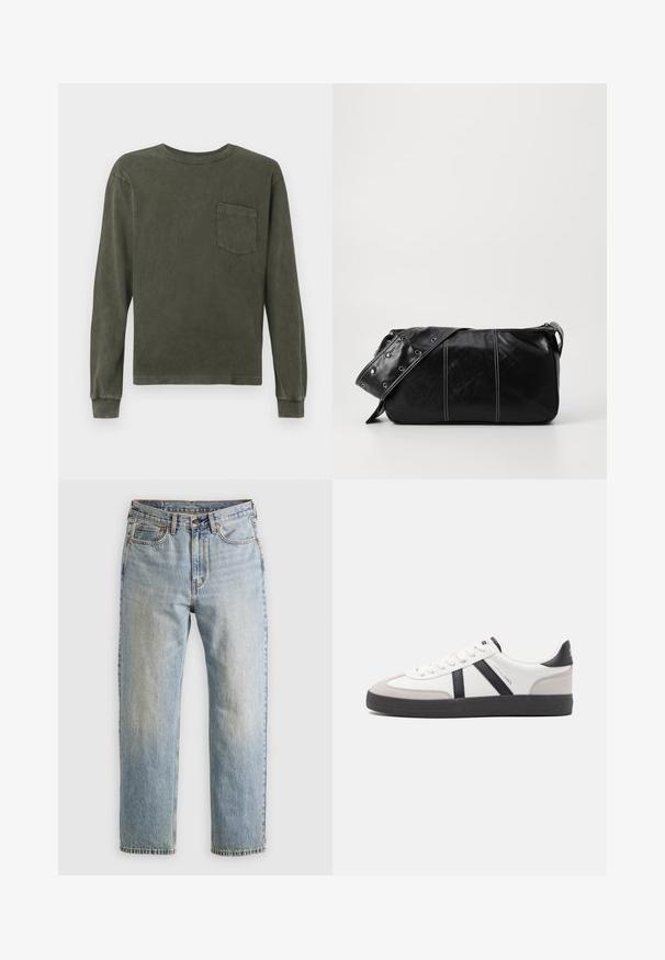 Majica z dolgimi rokavi v temno olivno zeleni barvi, izdelana iz mehkega materiala, z okroglim izrezom in žepom na prsih. Gladka tekstura, sproščen kroj.; Svetlo modri džins hlače z visokim pasom, sprednjim gumbom, zadrgo in petimi žepi, laid flat na nevtralni podlagi.; Bela športna obutev z črnimi in sivo akcenti, z teksturirano sivo kapico za prste, črnim gumijastim podplatom in ravnimi belimi vezalkami. Čista zasnova, minimalistični slog.; Črna usnjena torba za ramo z zadrgo, ki ima teksturirano telo, belo šivanje in trak s srebrnimi luknjami.