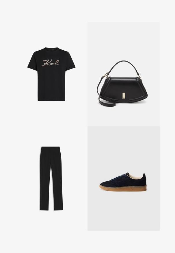 Black cotton T-shirt featuring a silver and red embroidered "Karl" logo. Short sleeves and crew neckline. Smooth texture, regular fit.; Black tailored trousers with a straight-leg design, featuring front pockets and a smooth, textured fabric. Neat, minimal detailing.; Navy suede sneaker with a gum rubber sole, blue laces, and minimalist design. Features embossed logo on the side and smooth inner lining.; Black leather handbag with a structured design, featuring a cropped shape, top handle, and gold hardware accent. Adjustable shoulder strap included.