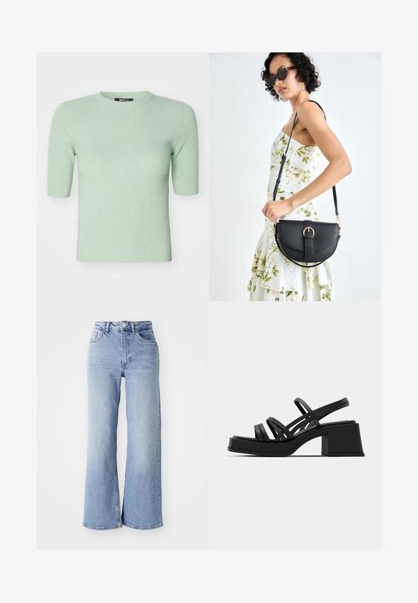 Jasnozielony sweter z prążkowanej dzianiny, krótki rękaw, okrągły dekolt. Miękka faktura i dopasowany kształt, odpowiedni na codzienne noszenie. Widoczna metka z logo.; Jasnoniebieskie spodnie o wysokim stanie, z szerokimi nogawkami, z przednimi i tylnymi kieszeniami, z zapięciem na guzik oraz subtelnym wyblaknięciem na udach i u dołu nogawek.; Czarne sandały na obcasie z wieloma cienkimi paskami i szerokim słupkiem. Elegancki design z matową teksturą. Podeszwa ma lekki łuk.; Czarna skórzana torebka o zakrzywionym kształcie, z odpinanym paskiem i złotymi akcentami. Torebka posiada klapę z zapięciem w kształcie klamry.